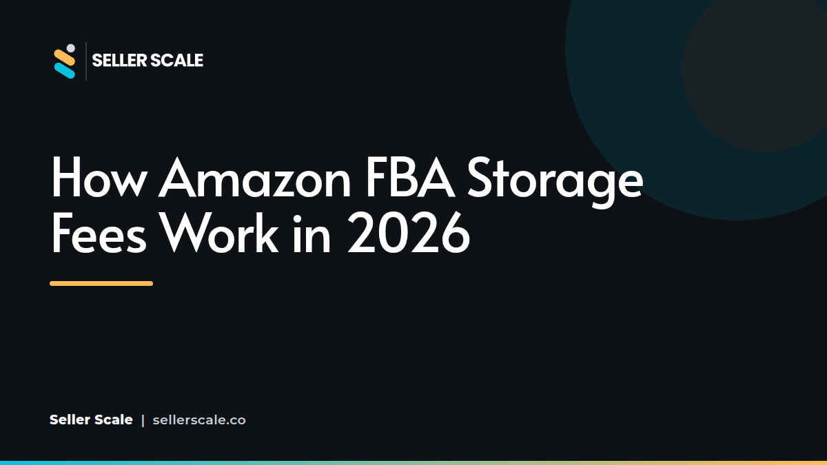 An operational dashboard showing FBA storage metrics alongside stacked shipping boxes in a modern warehouse.
