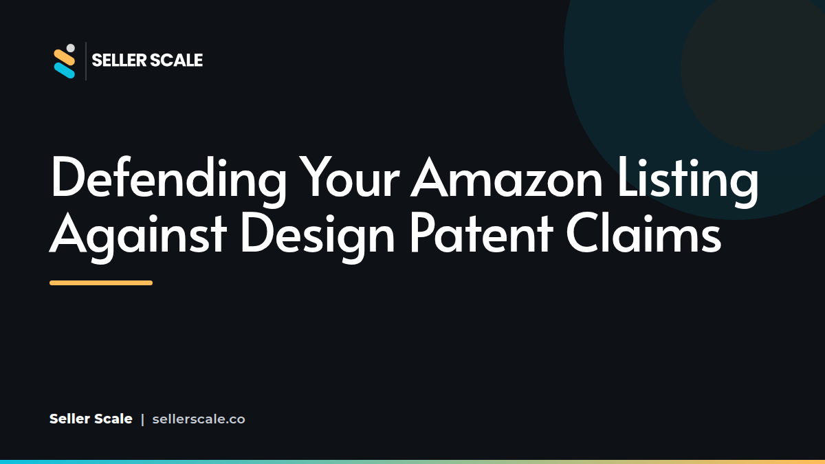 A side-by-side comparison of an Amazon product listing and a USPTO design patent drawing, illustrating the defense process.